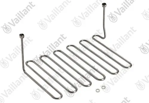 Edelstahl-Rohrschlange von Vaillant mit mehreren Schlaufen und zwei Anschlüssen, geeignet für Heizungsanlagen oder ähnliche Anwendungen.